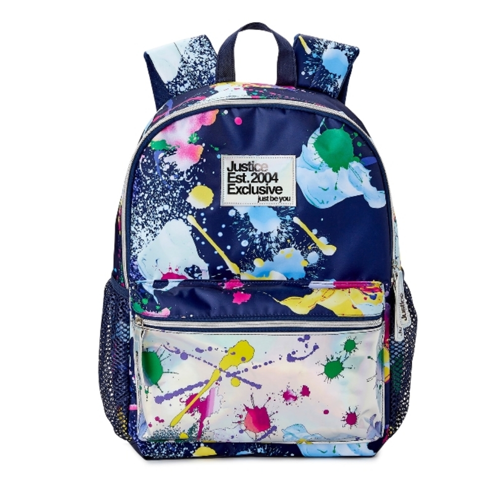 Girls 17" Justice Backpack Iridescent Blue Multi-Color Splatter